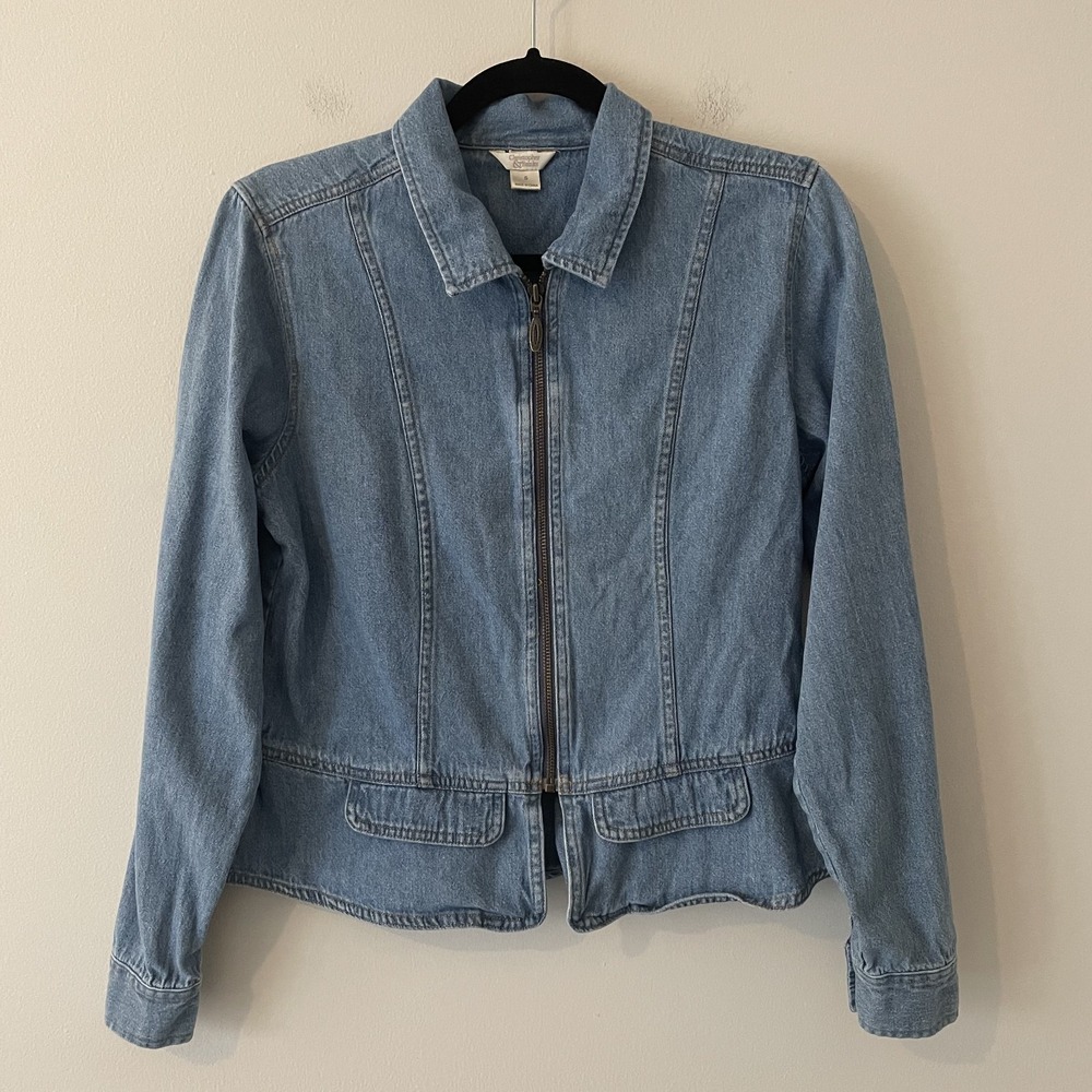 Vintage Crop Denim Full Zip Jacket Blue Sz S Peplum Western Boho Minimalist‎ Y2K